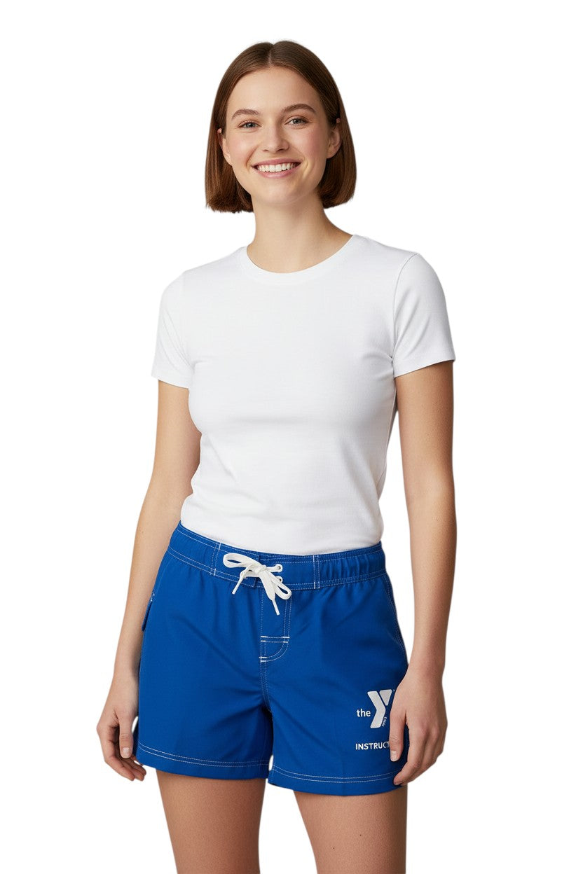 The Lifeguard Store blue polyester YMCA Instructor shorts with 5" inseam, drawstring, and side pocket.