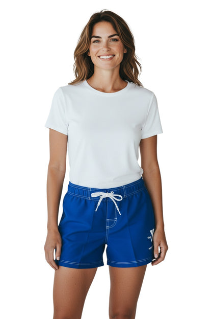 The Lifeguard Store blue polyester YMCA Instructor shorts with 5" inseam, drawstring, and side pocket.