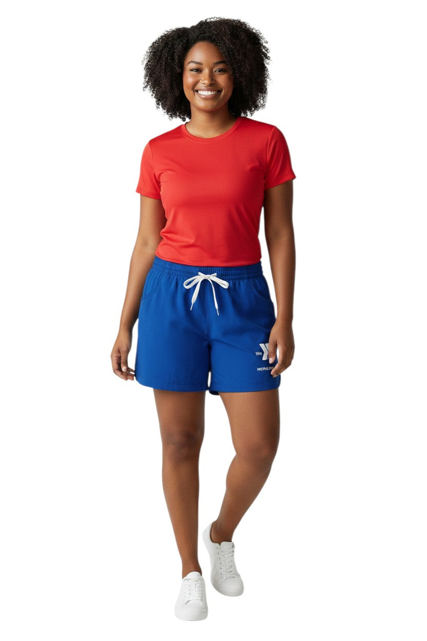 The Lifeguard Store blue polyester YMCA instructor shorts with elastic waistband, drawstring, and two front pockets.