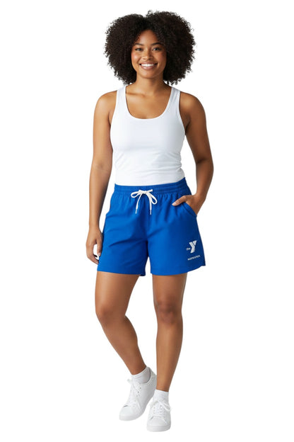 The Lifeguard Store blue polyester YMCA instructor shorts with elastic waistband, drawstring, and two front pockets.