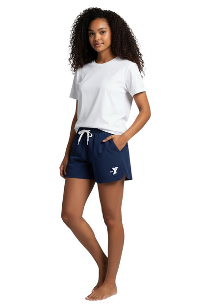 The Lifeguard Store navy blue polyester YMCA instructor shorts with drawstring and pockets.