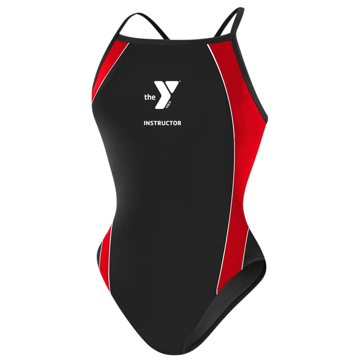 The Lifeguard Store YMCA Kiefer Instructor H-Back Splice One Piece Swimsuit, black with red side panels and white trim. Features H-back straps and instructor logo.