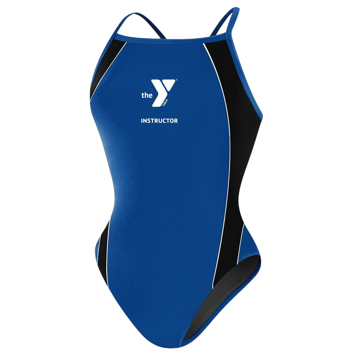 The Lifeguard Store YMCA Kiefer Instructor H-Back Splice One Piece Swimsuit in blue and black with white trim. Polyester-spandex blend.