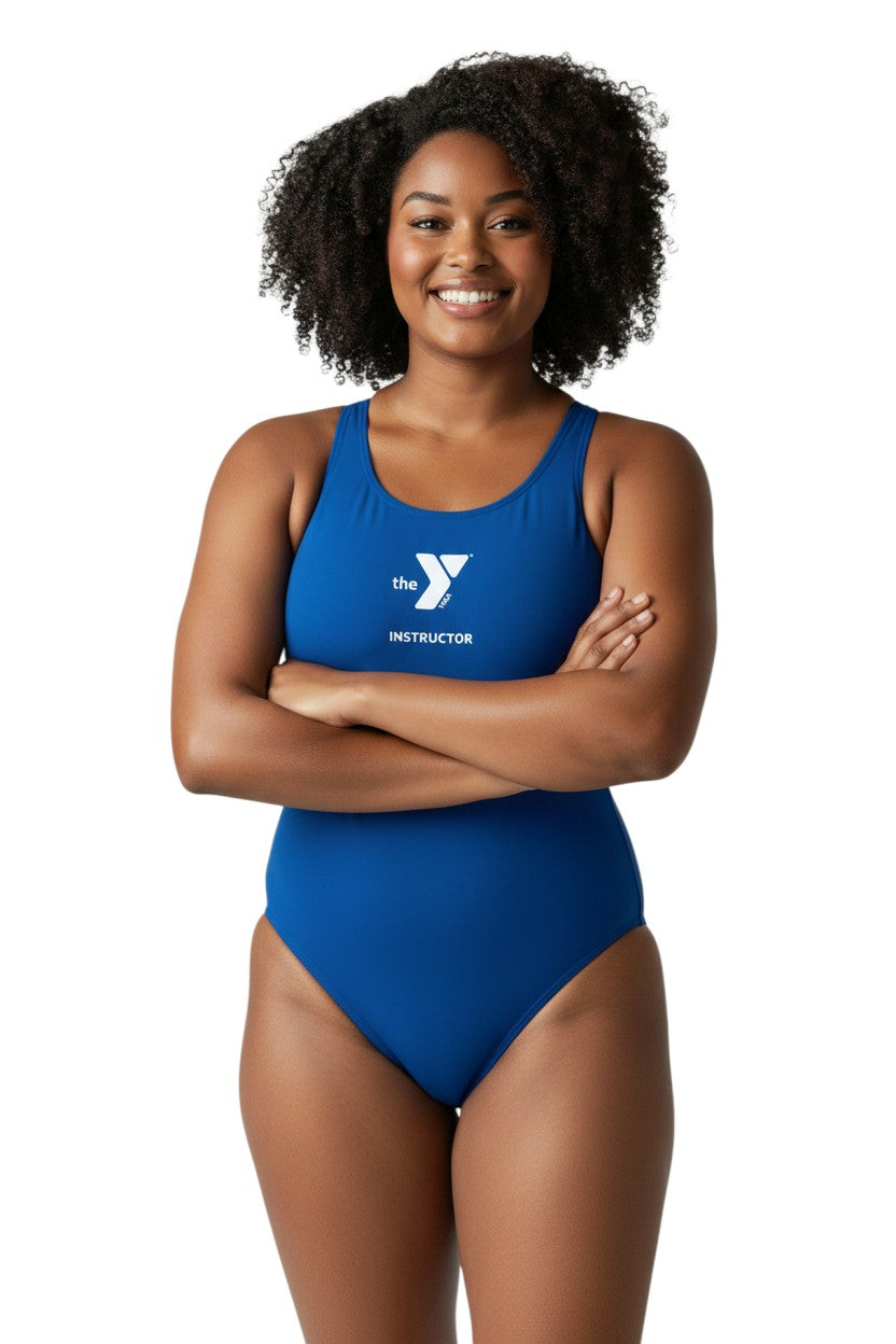 The Lifeguard Store blue polyester YMCA instructor swimsuit with MB-Back design and UPF 50+ protection.