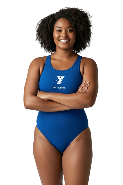 The Lifeguard Store blue polyester YMCA instructor swimsuit with MB-Back design and UPF 50+ protection.