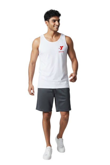 The Lifeguard Store white 100% cotton YMCA Instructor tank top with red logo on chest.