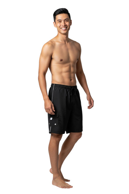 The Lifeguard Store YMCA Kiefer Board Shorts in black polyester with white piping and cargo pocket.