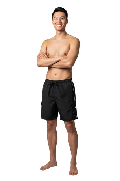 The Lifeguard Store YMCA Kiefer Board Short, black polyester with white piping and cargo pocket.