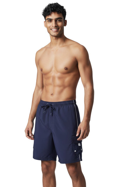 The Lifeguard Store YMCA Kiefer navy blue polyester board shorts with white trim and cargo pocket.