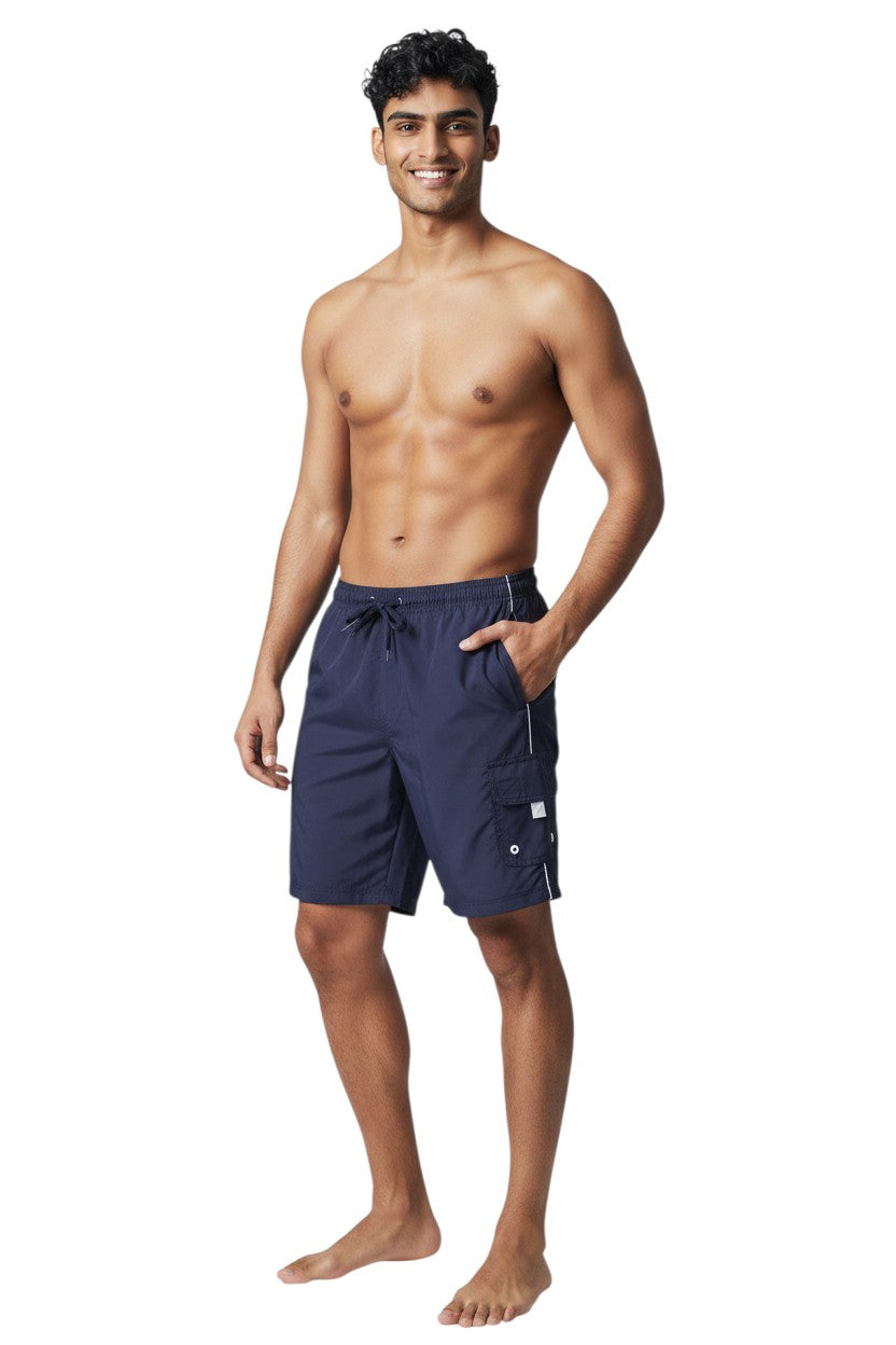 The Lifeguard Store YMCA Kiefer navy blue polyester board shorts with white trim and cargo pocket.