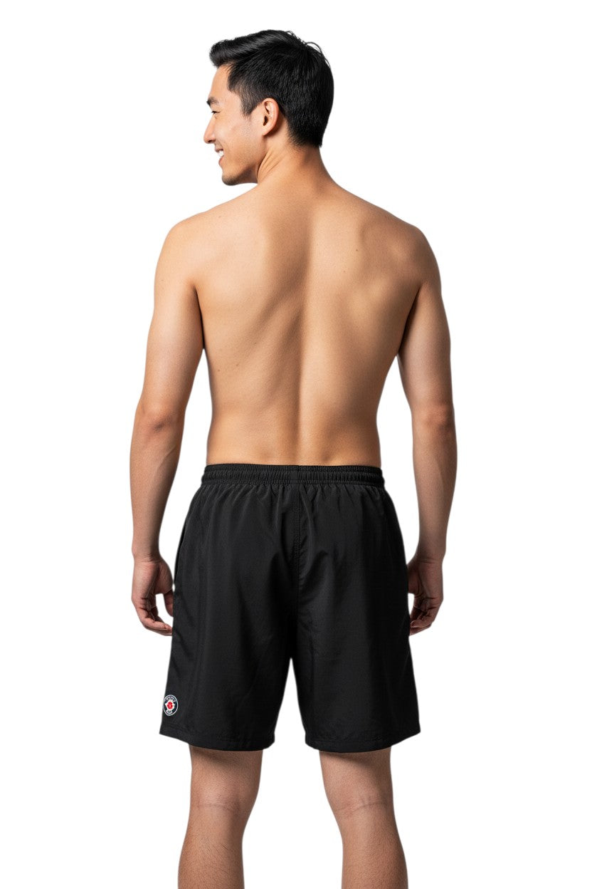 The Lifeguard Store YMCA Kiefer Board Shorts in black, made of 100% polyester with quick-dry fabric and UPF30+ protection.