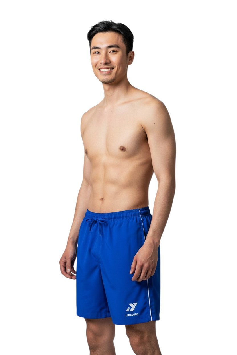 The Lifeguard Store YMCA Kiefer Guard Board Short in royal blue polyester with white piping and drawstring. Features a 7" inseam.