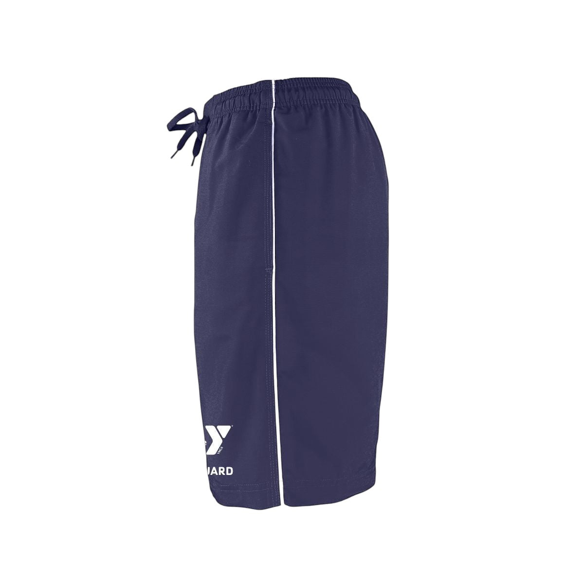 The Lifeguard Store YMCA Kiefer Guard Board Short in navy blue polyester with white piping and YMCA logo. Features elastic waistband and drawstring.