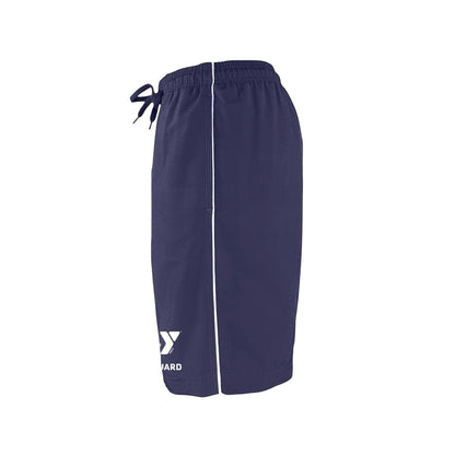 The Lifeguard Store YMCA Kiefer Guard Board Short in navy blue polyester with white piping and YMCA logo. Features elastic waistband and drawstring.