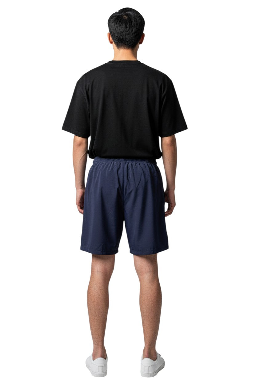 The Lifeguard Store YMCA Kiefer Guard Board Short in navy blue polyester with 7" inseam and elastic waistband.
