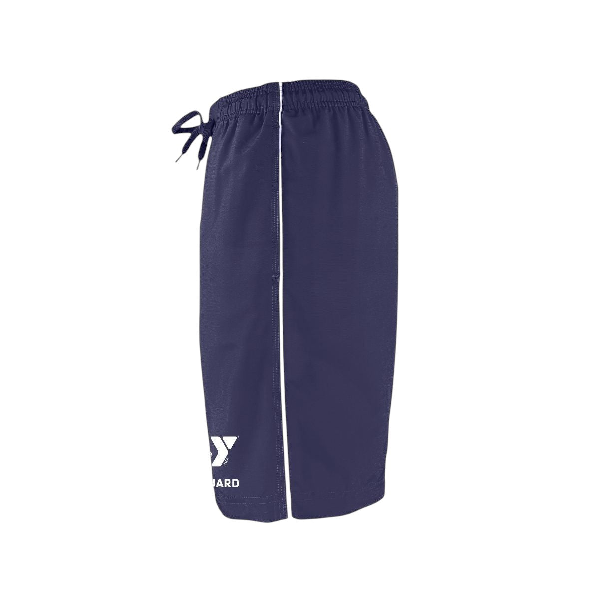 The Lifeguard Store YMCA Kiefer Guard Board Short in navy blue polyester with white piping and YMCA logo. Features elastic waistband and drawstring.