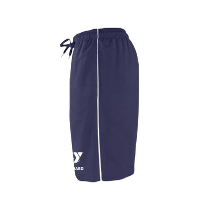 The Lifeguard Store YMCA Kiefer Guard Board Short in navy blue polyester with white piping and YMCA logo. Features elastic waistband and drawstring.