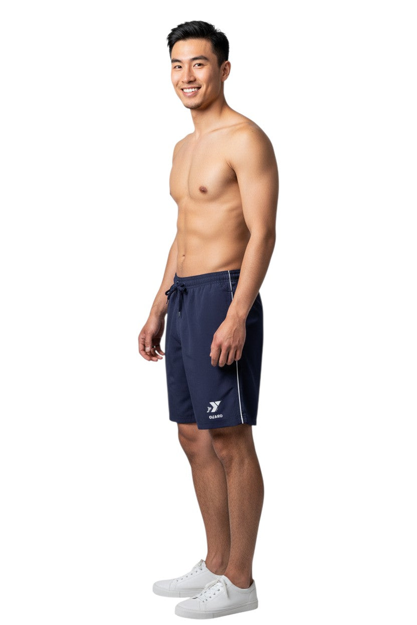 The Lifeguard Store YMCA Kiefer Guard Board Short in navy blue polyester with white piping and drawstring.