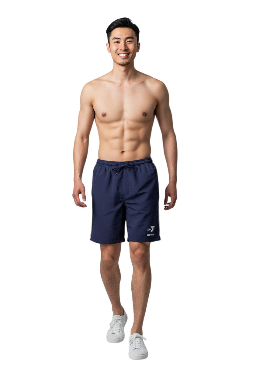 The Lifeguard Store YMCA Kiefer Guard Board Short in navy blue polyester with white piping and drawstring. 7" inseam.