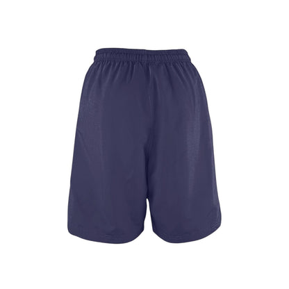 The Lifeguard Store YMCA Kiefer Guard Board Short in navy blue polyester with elastic waistband and 7" inseam.