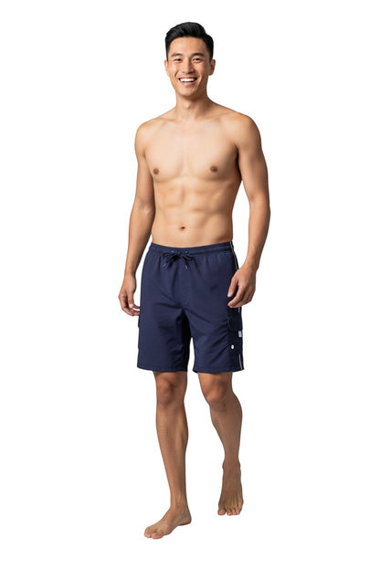 The Lifeguard Store YMCA Kiefer Guard Board Short in navy blue polyester with elastic waistband, drawstring, and cargo pocket. 7" inseam.