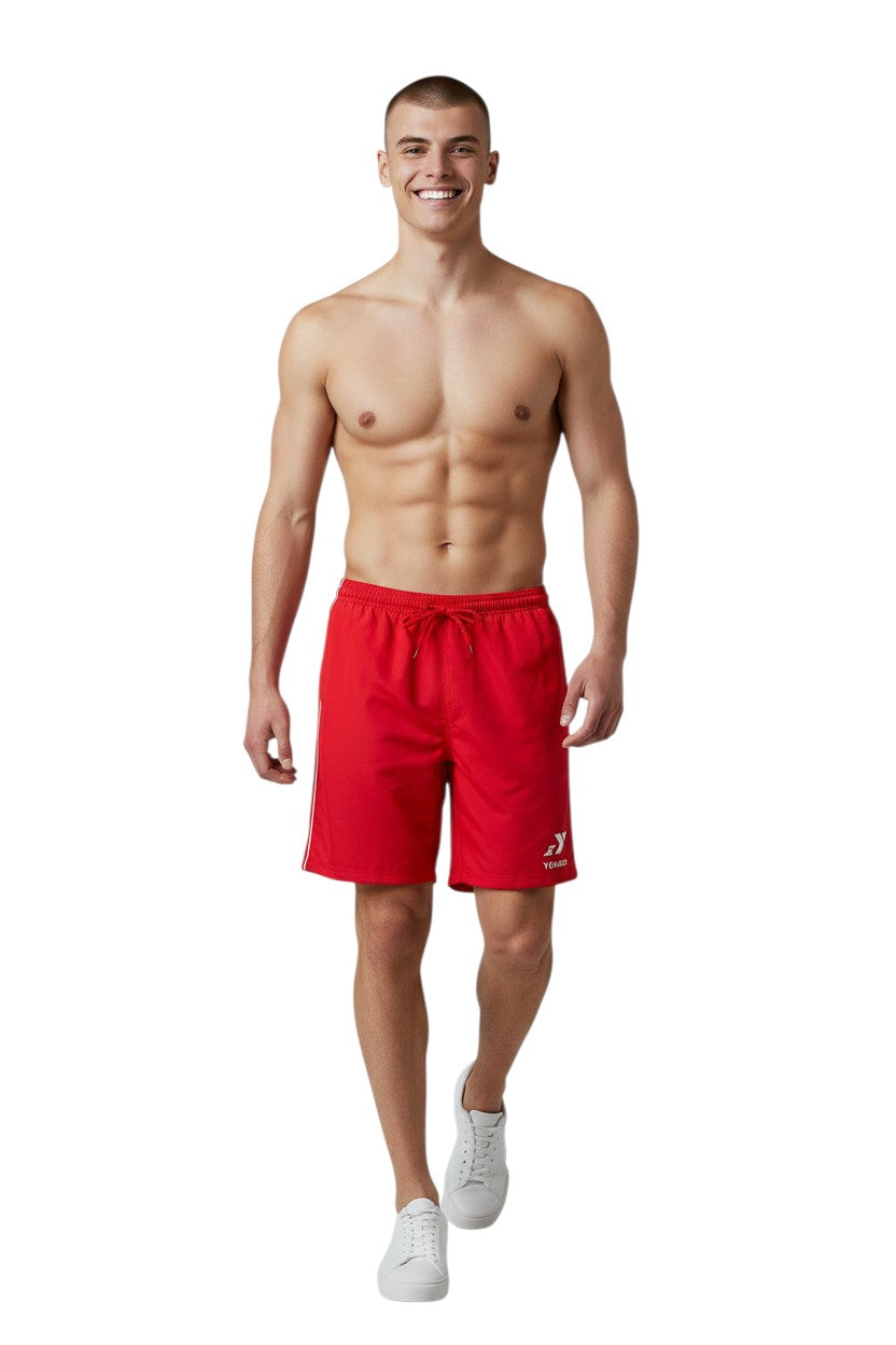 The Lifeguard Store YMCA Kiefer Guard Board Short in red polyester with white trim and drawstring. Features 7" inseam.
