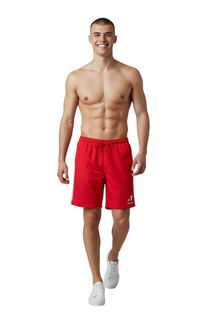 The Lifeguard Store YMCA Kiefer Guard Board Short in red polyester with white trim and drawstring. Features 7" inseam.