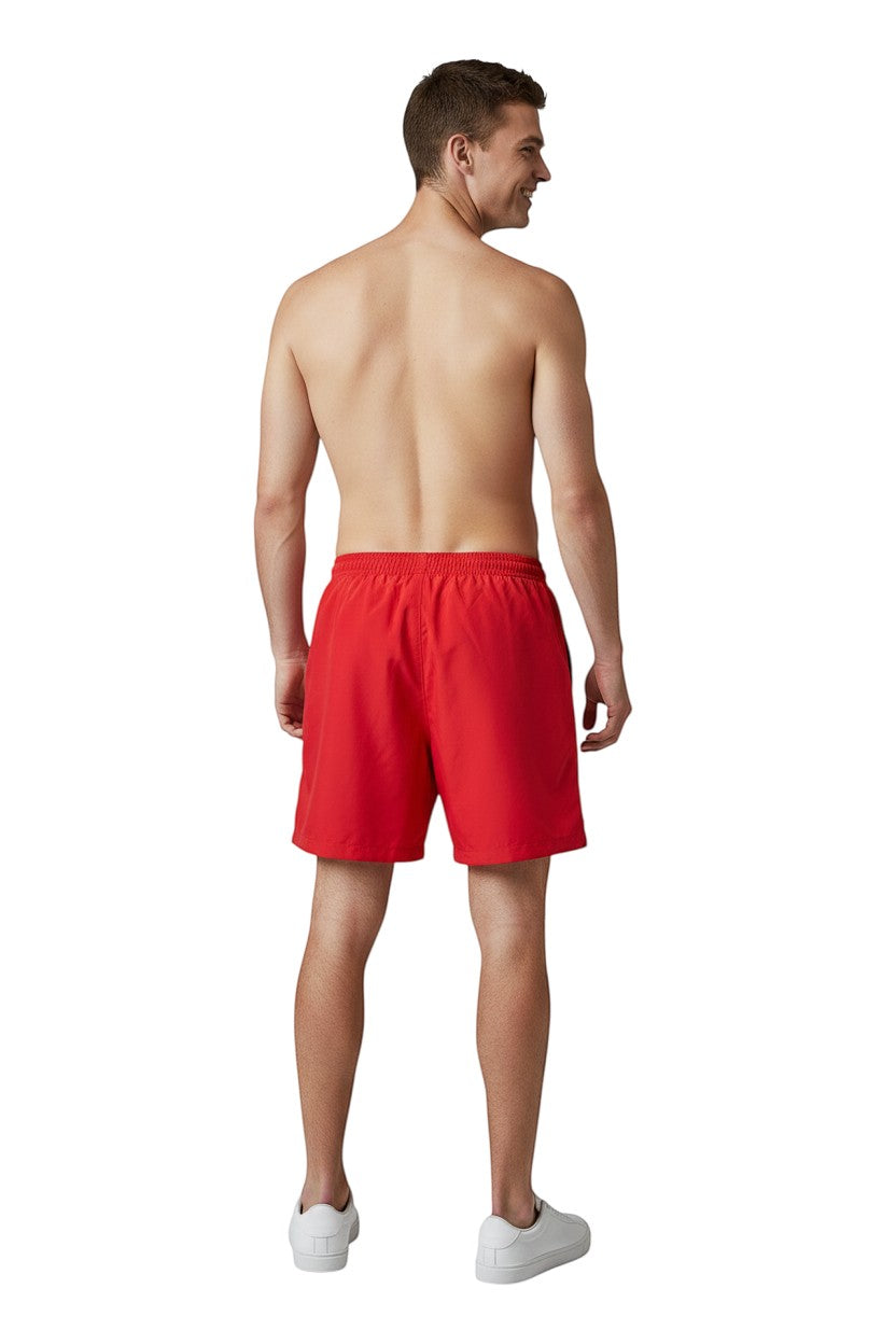 The Lifeguard Store YMCA Kiefer Guard Board Short in red polyester with 7" inseam and elastic waistband.
