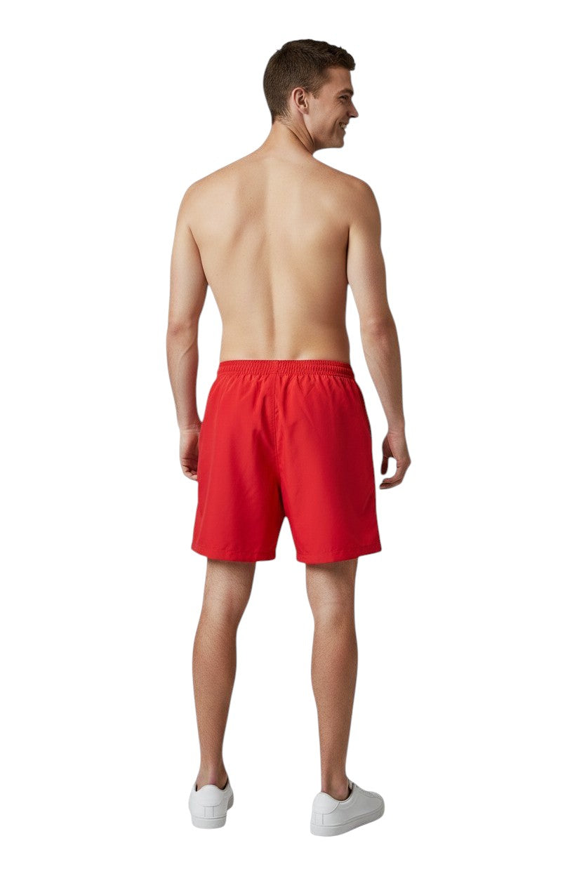 The Lifeguard Store YMCA Kiefer Guard Board Short in red polyester with 7" inseam and elastic waistband.