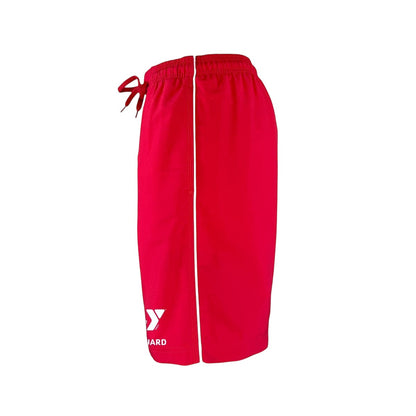 The Lifeguard Store YMCA Kiefer Guard Board Short in red polyester with drawstring and side logo.