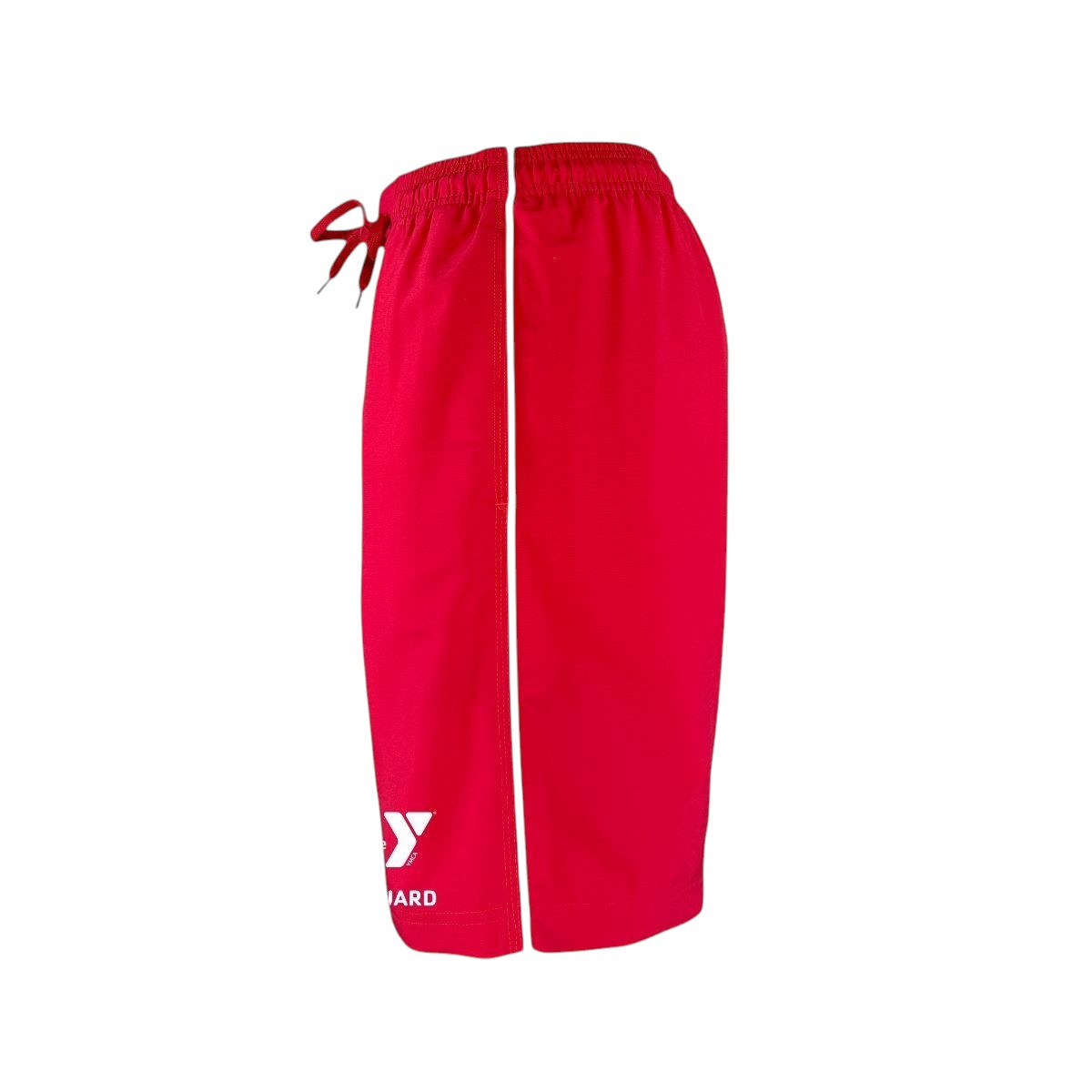 The Lifeguard Store YMCA Kiefer Guard Board Short in red polyester with drawstring and side logo.