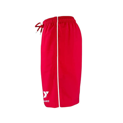 The Lifeguard Store YMCA Kiefer Guard Board Short in red polyester with drawstring and side logo.