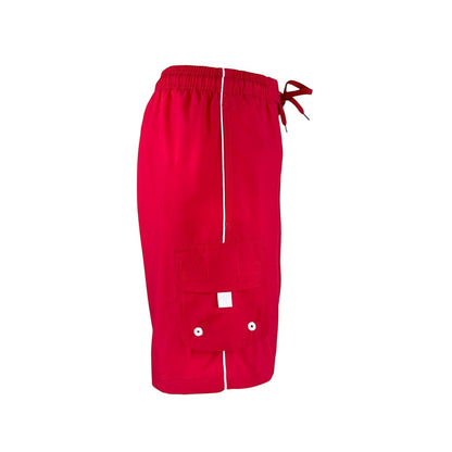 The Lifeguard Store YMCA Kiefer Guard Board Short in red polyester with white trim, drawstring, and cargo pocket. 7" inseam.