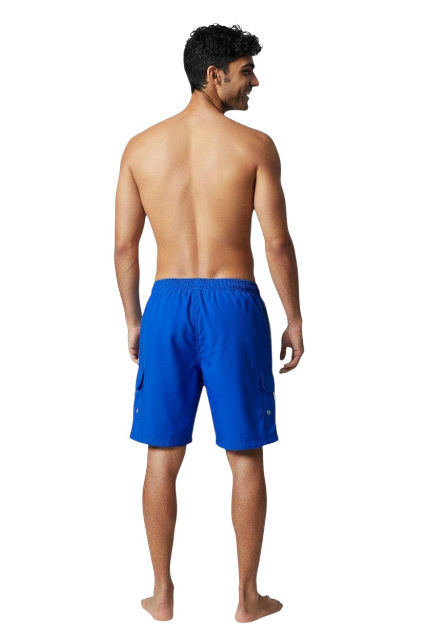 The Lifeguard Store YMCA Kiefer Guard Board Short in royal blue polyester with 7" inseam, cargo pocket, and drawstring.