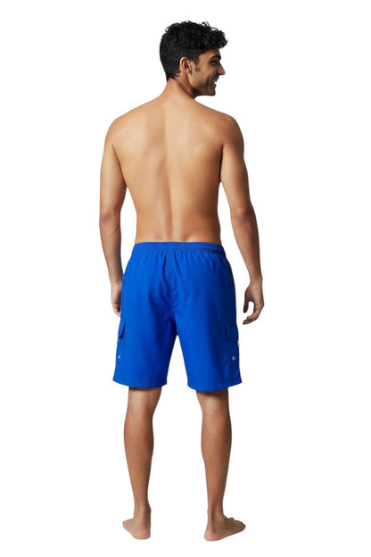 The Lifeguard Store YMCA Kiefer Guard Board Short in royal blue polyester with 7" inseam, cargo pocket, and drawstring.