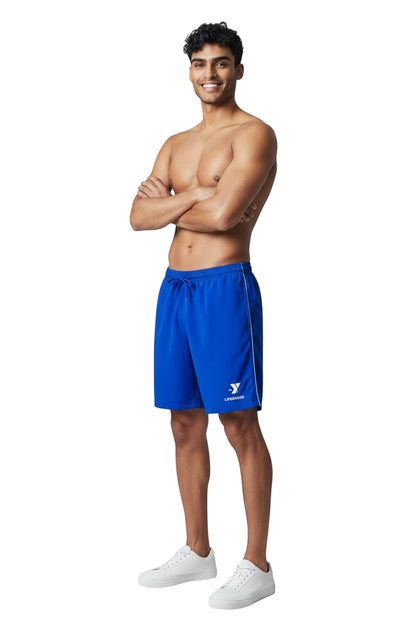The Lifeguard Store YMCA Kiefer Guard Board Short in royal blue polyester with white trim and logo. Features elastic waistband and 7" inseam.