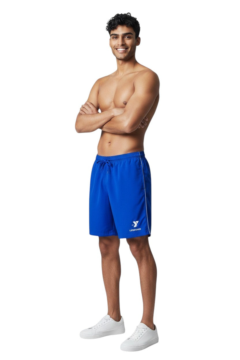 The Lifeguard Store YMCA Kiefer Guard Board Short in royal blue polyester with white trim and logo. Features elastic waistband and 7" inseam.