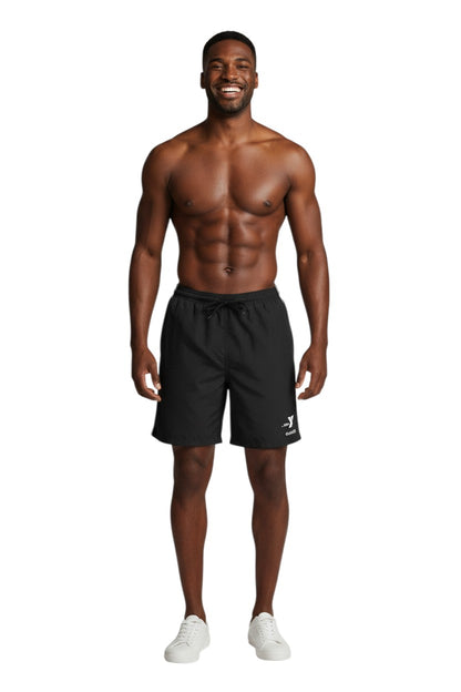 The Lifeguard Store YMCA Kiefer Guard black polyester board shorts with white piping and drawstring.