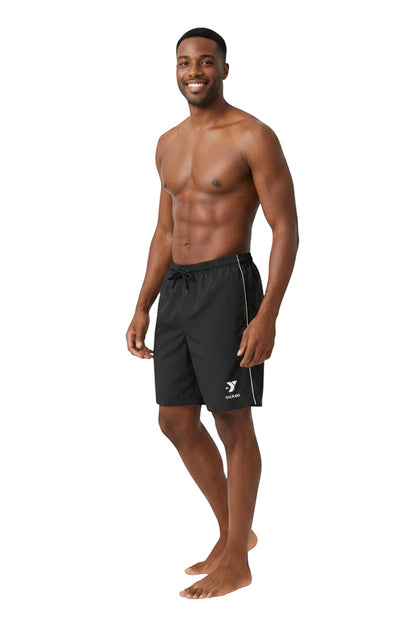 The Lifeguard Store YMCA Kiefer Guard black polyester board shorts with white piping and drawstring.