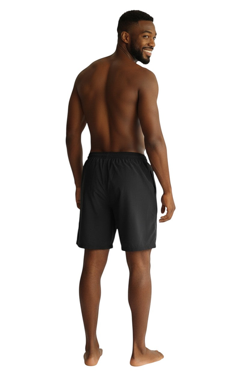 The Lifeguard Store YMCA Kiefer Guard Board Shorts in black polyester with elastic waistband and drawstring. Features quick-dry fabric and UPF30+ protection.