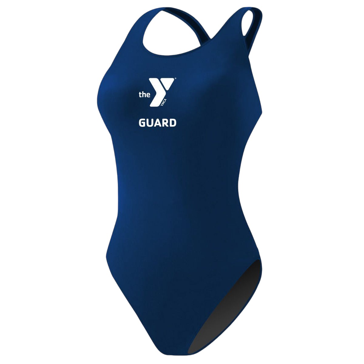 The Lifeguard Store YMCA Kiefer Guard MB-Back navy blue one-piece swimsuit with racerback design and UPF 50+ protection.