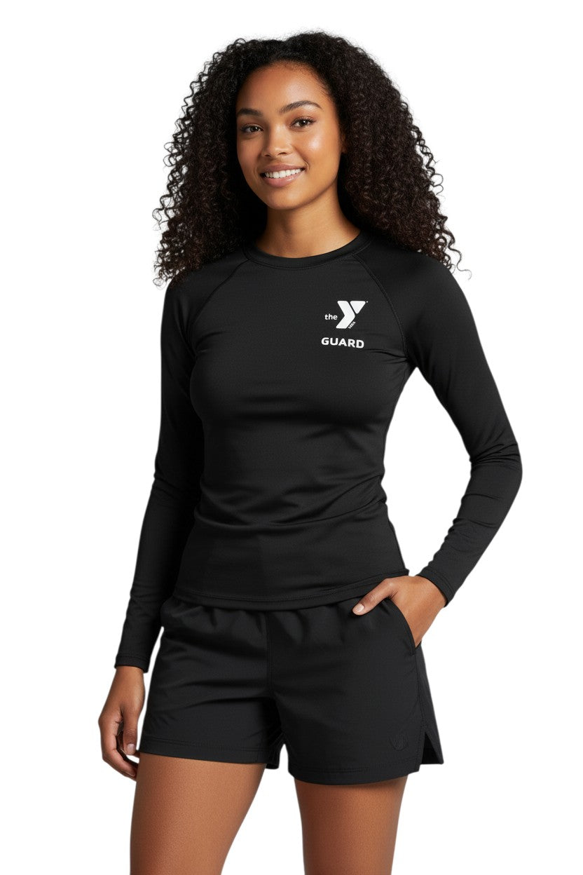 The Lifeguard Store YMCA Kiefer Guard long-sleeve rashguard in black polyester-spandex blend with UPF50+ protection.