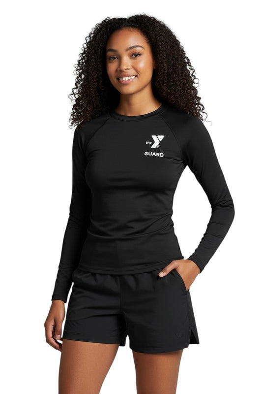 The Lifeguard Store YMCA Kiefer Guard long-sleeve rashguard in black polyester-spandex blend with UPF50+ protection.