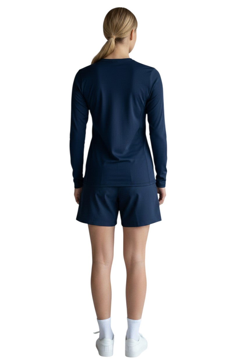 The Lifeguard Store YMCA Kiefer Guard L/S Crewneck Rashguard in navy blue, made of polyester and spandex with UPF50+ protection.