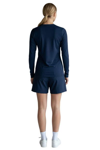 The Lifeguard Store YMCA Kiefer Guard L/S Crewneck Rashguard in navy blue, made of polyester and spandex with UPF50+ protection.