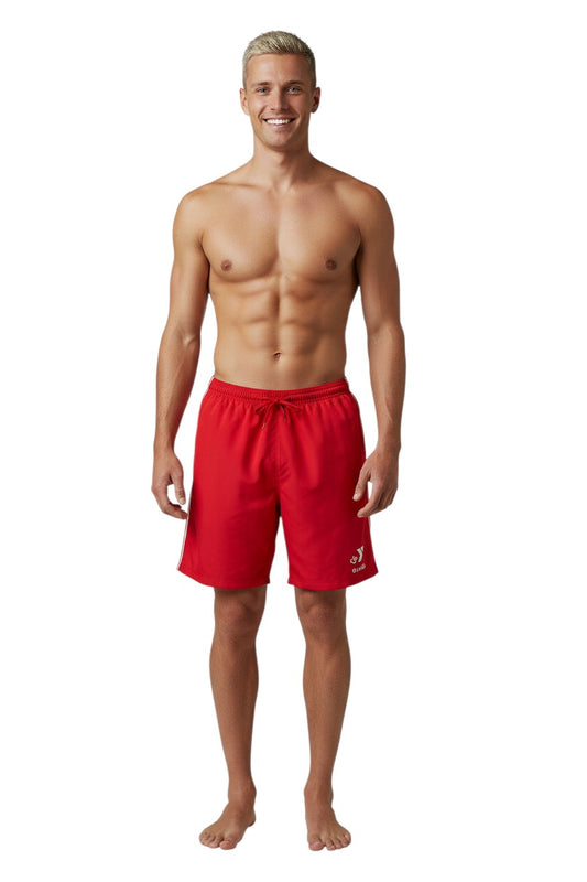 The Lifeguard Store YMCA Kiefer Guard red polyester board shorts with drawstring and logo detail.