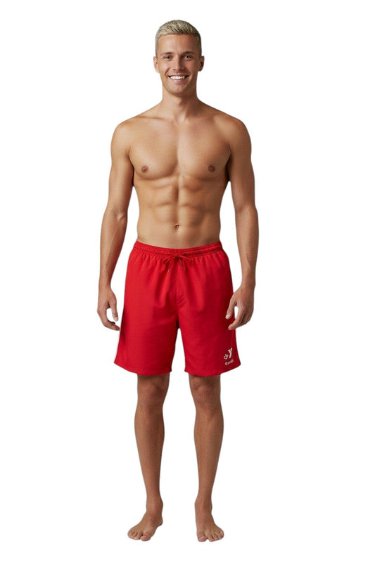 The Lifeguard Store YMCA Kiefer Guard red polyester board shorts with drawstring and logo detail.
