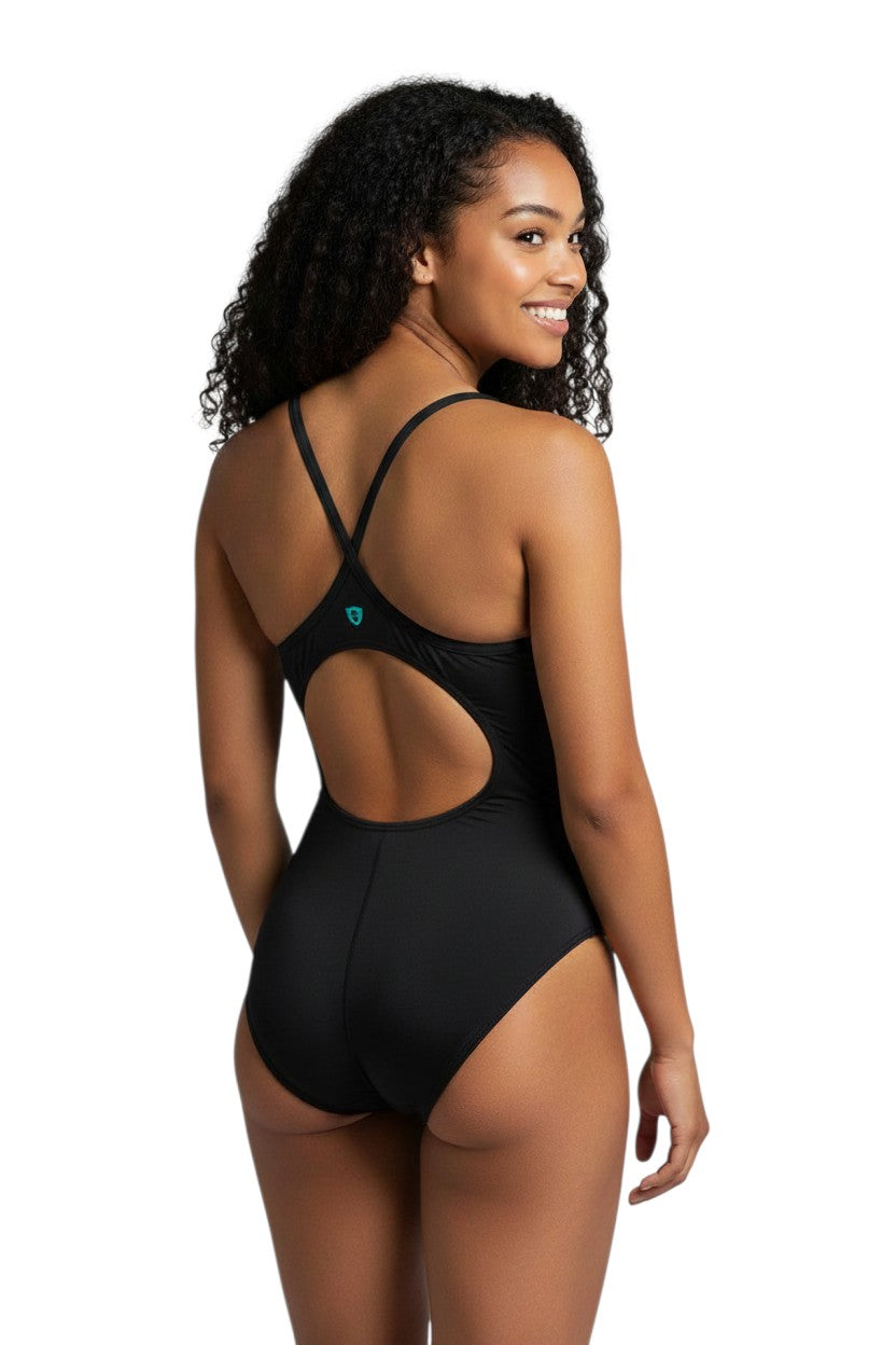 The Lifeguard Store YMCA Kiefer H-Back black one-piece swimsuit with white trim and H-back straps. Made of polyester/spandex.