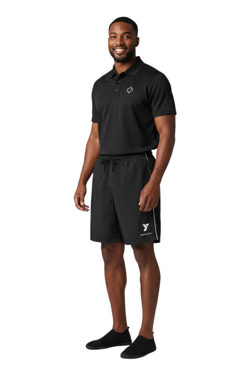 The Lifeguard Store YMCA Kiefer Instructor black polyester shorts with white piping and drawstring.