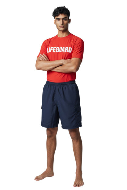 The Lifeguard Store YMCA Kiefer Instructor navy blue polyester shorts with elastic waistband and cargo pocket.